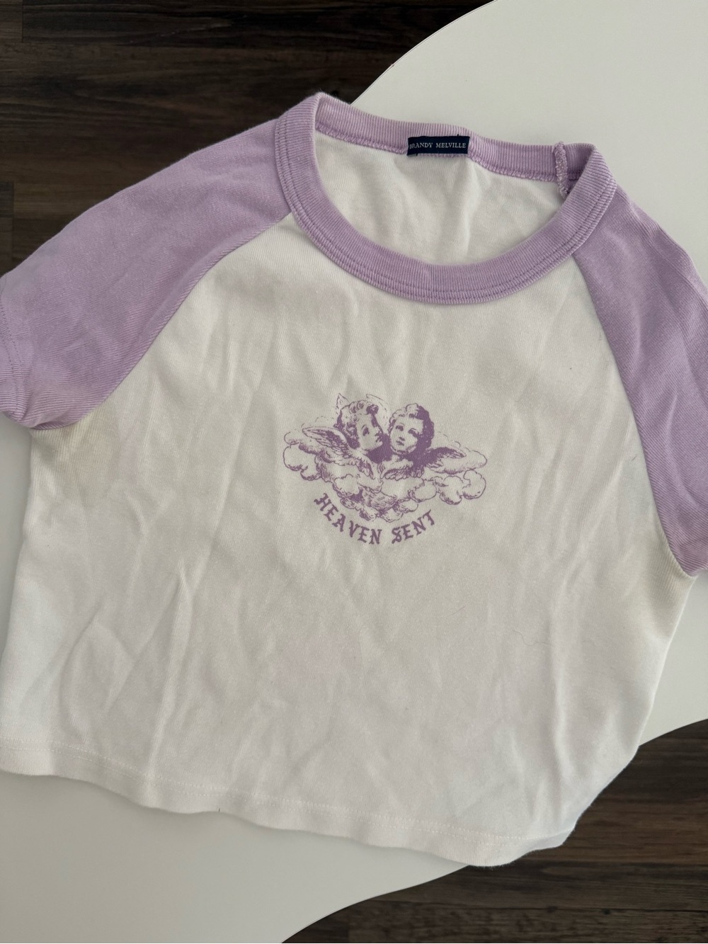 Brandy Melville White and Lavender "Heaven Sent" Raglan Crop Top
